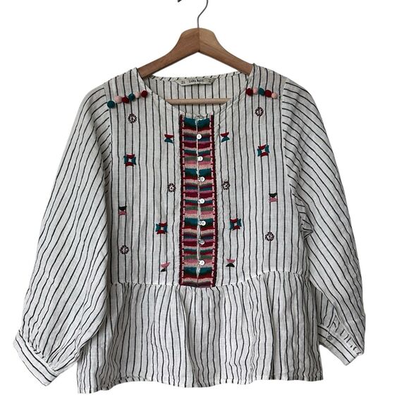 Zara M Linen Embroidered striped  Pompom Peplum Top  Boho - Picture 1 of 11